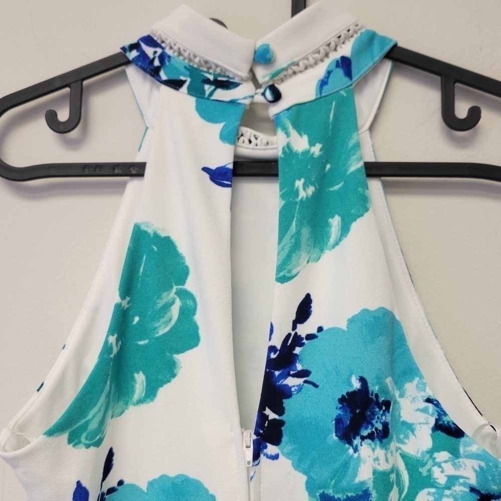 B Darlin Floral Fit and Flare Mock Neck Crochet Trim Dress Turquoise Blue 5 / 6 - Picture 5 of 10